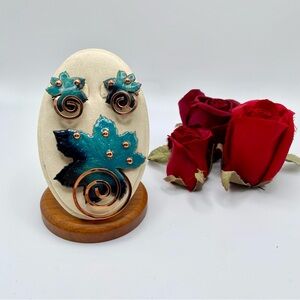 Matisse Copper Teal Enamel Maple Leaf Brooch Earrings Set Vintage Mid Century